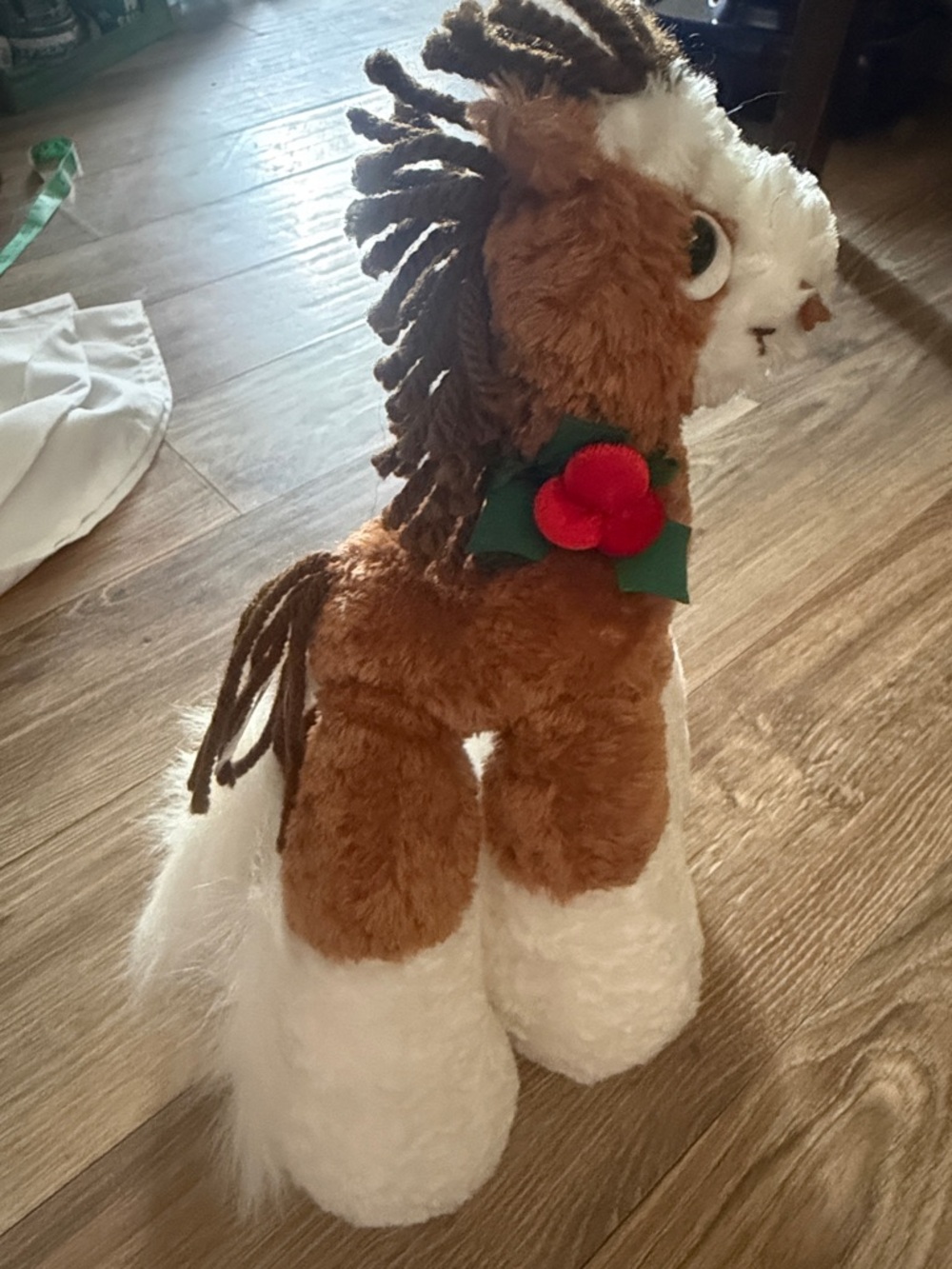 Brown and White Plush Horse Stuffed Animal with Red Flower